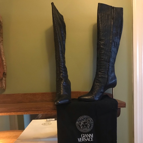 Gianni Versace Stivale Stampa Cocco Tall Boots in Nero/Croc Size 40 T.100 - Picture 3 of 14